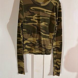 BDG Women's Long Sleeve Camo Tee in Olive Green and Brown